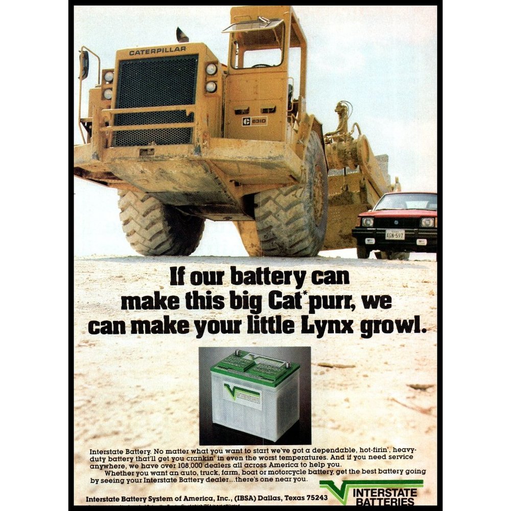 1984 Interstate Batteries Car Battery Vintage Print Ad Caterpillar Wall Art